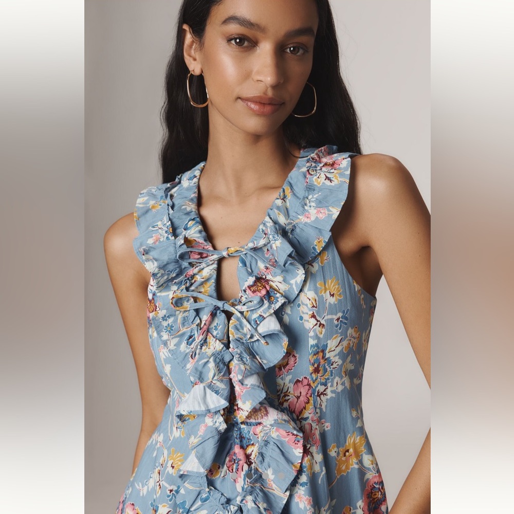 NWT Love The Label Anthropologie Cotton Bowie Blue Ruffle Mini Dress Size L - Picture 2 of 12